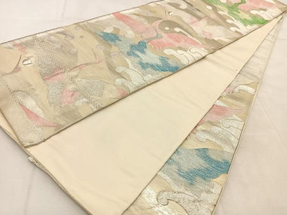 平和屋着物◎六通柄袋帯　飛鶴立波文　銀糸　正絹　逸品　BAAU9037yc