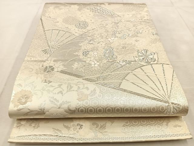 平和屋着物◎六通柄袋帯 美保姿 扇面花車文 銀糸 正絹 逸品 BAAU9040yc