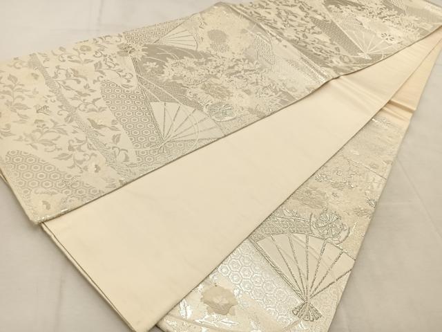 平和屋着物◎六通柄袋帯 美保姿 扇面花車文 銀糸 正絹 逸品 BAAU9040yc