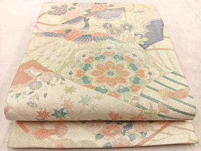 平和屋着物◎佐賀錦　六通柄袋帯　扇花鳥文　金糸　正絹　逸品　BAAU9046yc