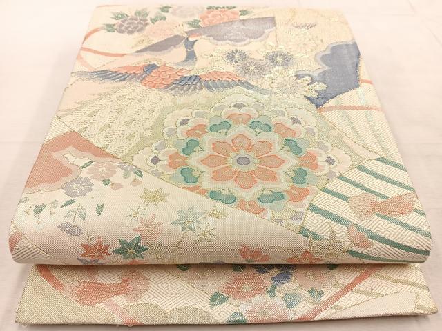 平和屋着物◎佐賀錦　六通柄袋帯　扇花鳥文　金糸　正絹　逸品　BAAU9046yc