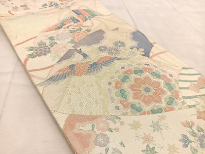平和屋着物◎佐賀錦　六通柄袋帯　扇花鳥文　金糸　正絹　逸品　BAAU9046yc