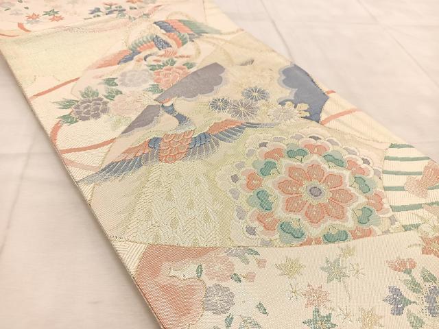 平和屋着物◎佐賀錦　六通柄袋帯　扇花鳥文　金糸　正絹　逸品　BAAU9046yc