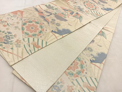 平和屋着物◎佐賀錦　六通柄袋帯　扇花鳥文　金糸　正絹　逸品　BAAU9046yc