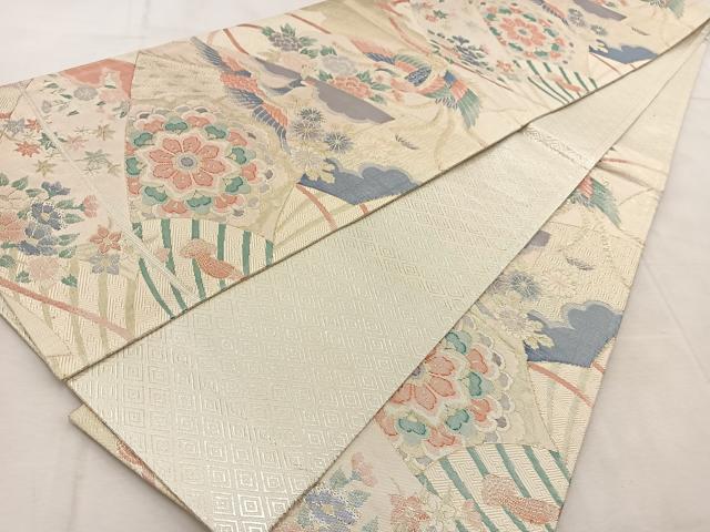平和屋着物◎佐賀錦　六通柄袋帯　扇花鳥文　金糸　正絹　逸品　BAAU9046yc