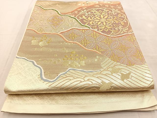 平和屋着物◎太鼓柄袋帯 吉祥花鳥文 金糸 正絹 逸品 BAAU9052yc