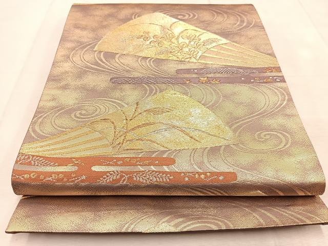 平和屋着物◎六通柄袋帯　唐織　流水扇秋草文　金銀糸　正絹　逸品　BAAU9059yc