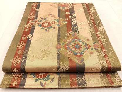 平和屋着物◎両面　六通柄袋帯　唐織　更紗菱花文　金糸　正絹　逸品　BAAU9060yc