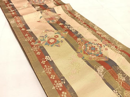 平和屋着物◎両面　六通柄袋帯　唐織　更紗菱花文　金糸　正絹　逸品　BAAU9060yc