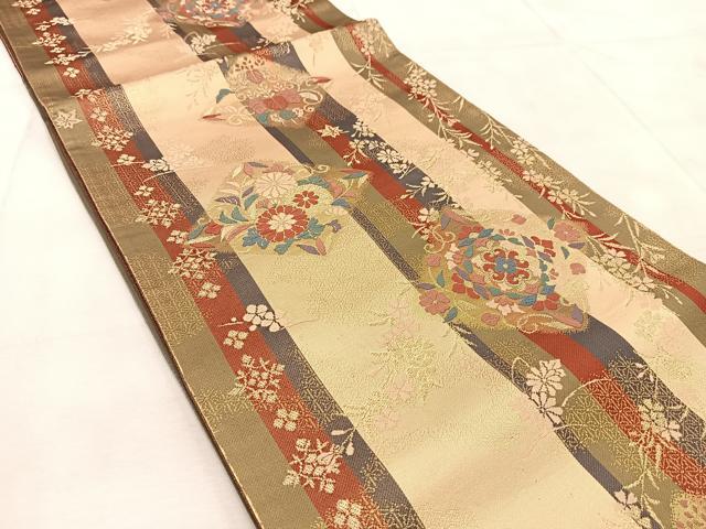 平和屋着物◎両面　六通柄袋帯　唐織　更紗菱花文　金糸　正絹　逸品　BAAU9060yc