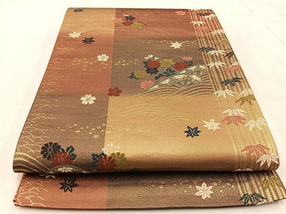 平和屋着物◎六通柄袋帯 唐織 片輪車花文 金糸 正絹 逸品 BAAU9067yc