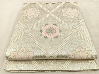 平和屋着物◎六通柄袋帯 唐織 菱天井花文 銀糸 正絹 逸品 BAAU9068yc