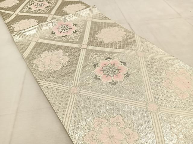 平和屋着物◎六通柄袋帯 唐織 菱天井花文 銀糸 正絹 逸品 BAAU9068yc