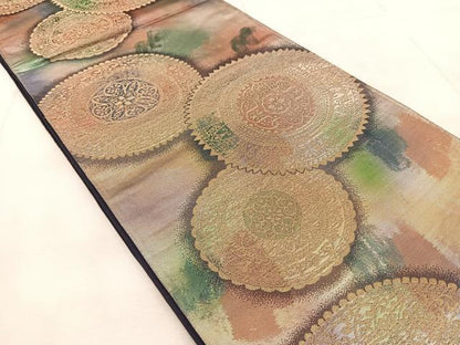 平和屋着物◎六通柄袋帯　花絵皿　金銀糸　引箔　正絹　逸品　BAAU9084yc
