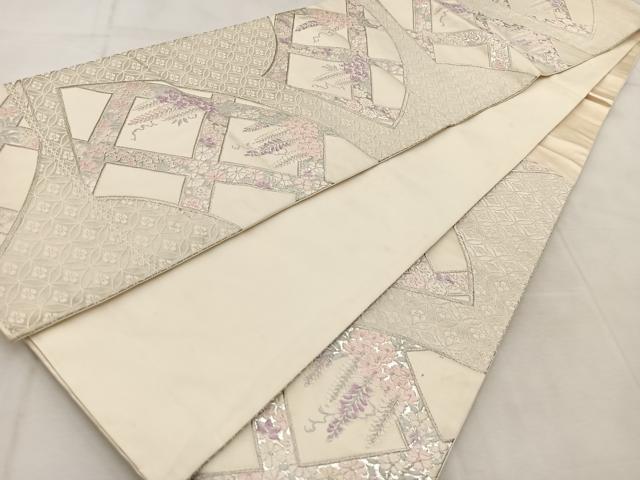 平和屋着物◎六通柄袋帯　唐織　地紙格子花文　銀糸　正絹　逸品　BAAU9086yc