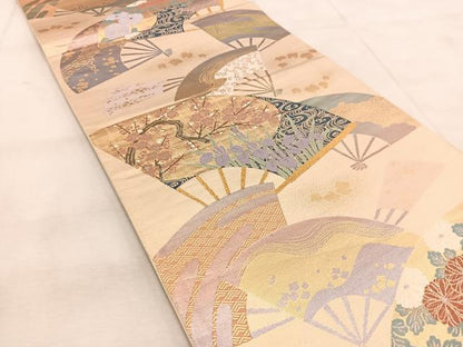 平和屋着物◎六通柄袋帯　唐織　扇面風景花文　金銀糸　正絹　逸品　BAAU9093yc
