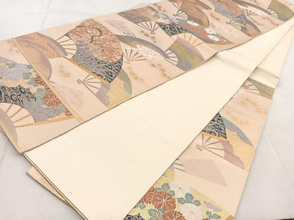 平和屋着物◎六通柄袋帯　唐織　扇面風景花文　金銀糸　正絹　逸品　BAAU9093yc