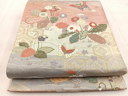 平和屋着物◎六通柄袋帯　唐織　草花胡蝶　金糸　正絹　逸品　BAAU9094yc