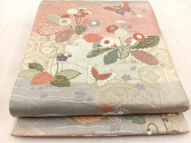 平和屋着物◎六通柄袋帯　唐織　草花胡蝶　金糸　正絹　逸品　BAAU9094yc