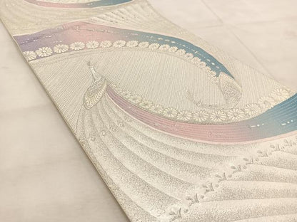 平和屋着物◎六通柄袋帯　唐織　孔雀　銀糸　正絹　逸品　BAAU9118yc
