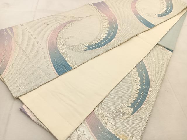 平和屋着物◎六通柄袋帯　唐織　孔雀　銀糸　正絹　逸品　BAAU9118yc