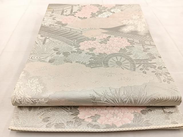 平和屋着物◎六通柄袋帯　花車風景文　プラチナ錦二重箔　引箔　正絹　逸品　BAAU9121yc