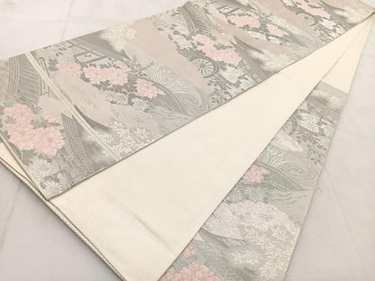 平和屋着物◎六通柄袋帯　花車風景文　プラチナ錦二重箔　引箔　正絹　逸品　BAAU9121yc