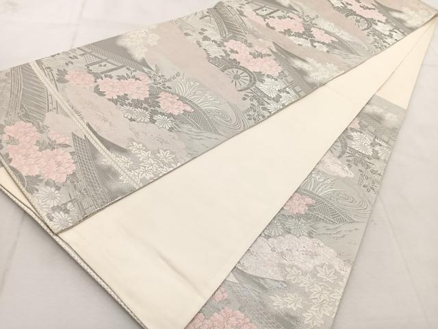 平和屋着物◎六通柄袋帯　花車風景文　プラチナ錦二重箔　引箔　正絹　逸品　BAAU9121yc