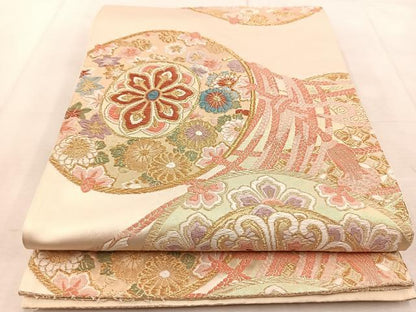 平和屋着物◎六通柄袋帯　唐織　大展覧　鼓花文　金糸　正絹　逸品　BAAU9130yc