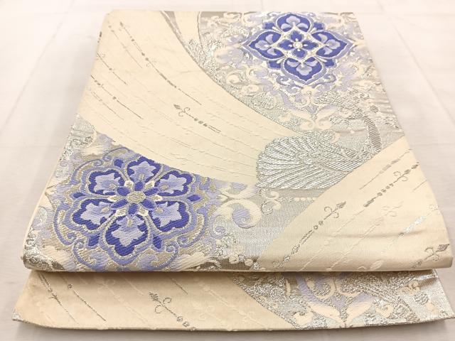 平和屋着物◎六通柄袋帯　唐織　孔雀花文　銀糸　正絹　逸品　BAAU9133yc
