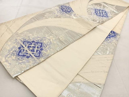 平和屋着物◎六通柄袋帯　唐織　孔雀花文　銀糸　正絹　逸品　BAAU9133yc