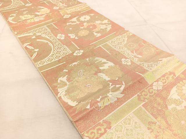 平和屋着物◎西陣　服部織物謹製　六通柄袋帯　花丸文　こはく錦　二重箔織　正絹　逸品　BAAU9141yc