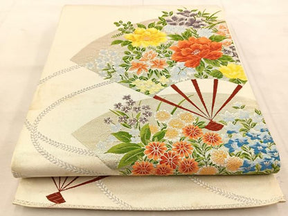 平和屋着物◎六通柄袋帯　唐織　扇面花文　銀糸　正絹　逸品　BAAU9145yc