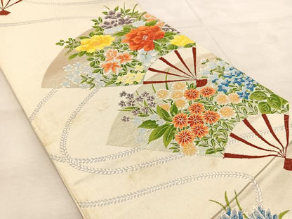 平和屋着物◎六通柄袋帯　唐織　扇面花文　銀糸　正絹　逸品　BAAU9145yc