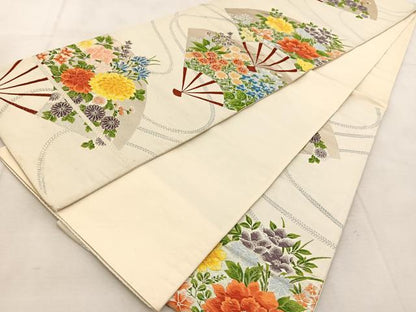平和屋着物◎六通柄袋帯　唐織　扇面花文　銀糸　正絹　逸品　BAAU9145yc