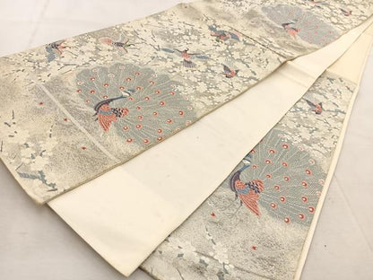 平和屋着物◎六通柄袋帯　唐織　梅花孔雀文　九百錦　プラチナ箔　正絹　逸品　BAAU9152yc
