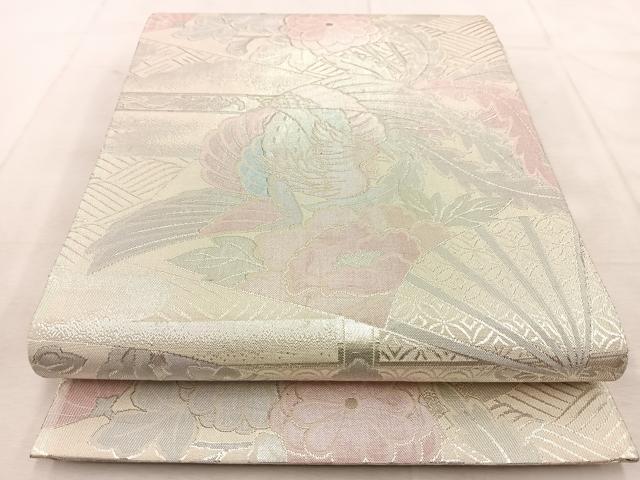 平和屋着物◎九百佐賀錦　六通柄袋帯　扇面花鳥文　銀糸　正絹　逸品　BAAU9156yc