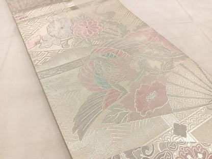 平和屋着物◎九百佐賀錦　六通柄袋帯　扇面花鳥文　銀糸　正絹　逸品　BAAU9156yc