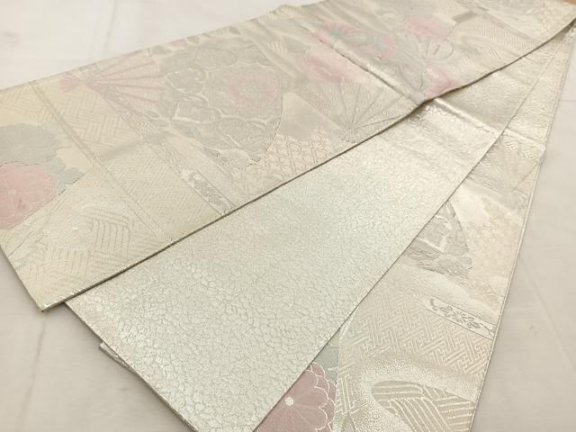 平和屋着物◎九百佐賀錦　六通柄袋帯　扇面花鳥文　銀糸　正絹　逸品　BAAU9156yc