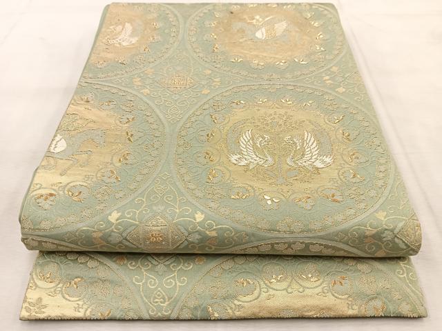平和屋着物◎六通柄袋帯　人物花鳥丸文　金糸　正絹　逸品　BAAU9174yc