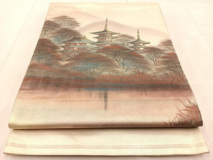 平和屋着物◎太鼓柄袋帯　手描き　古城風景文　銀糸　引箔　正絹　逸品　BAAU9208yc