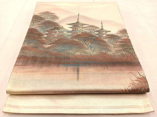 平和屋着物◎太鼓柄袋帯　手描き　古城風景文　銀糸　引箔　正絹　逸品　BAAU9208yc