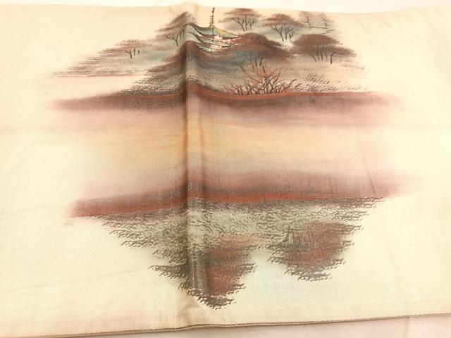 平和屋着物◎太鼓柄袋帯　手描き　古城風景文　銀糸　引箔　正絹　逸品　BAAU9208yc