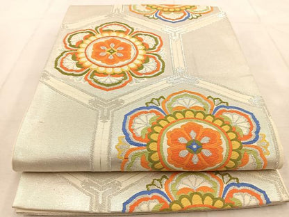 平和屋着物◎六通柄　京袋帯　唐織　亀甲花文　銀糸　正絹　逸品　BAAU9217yc