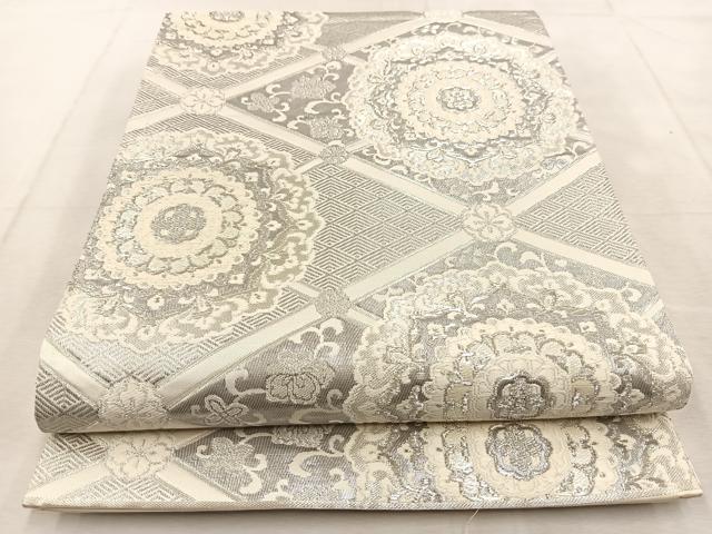 平和屋着物◎六通柄袋帯　唐織　菱天井花文　銀糸　正絹　逸品　BAAU9235yc