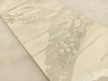 平和屋着物◎六通柄袋帯　唐織　雪輪花車文　銀糸　正絹　逸品　BAAU9236yc