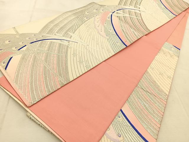 平和屋着物◎六通柄袋帯　唐織　孔雀花文　銀糸　正絹　逸品　BAAU9238yc