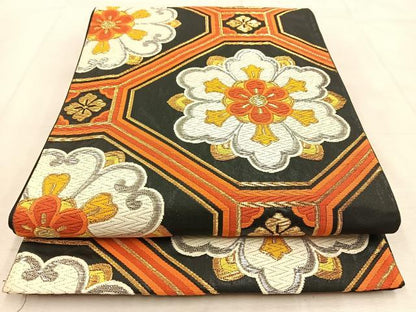 平和屋着物◎六通柄袋帯　唐織　蜀江花文　黒地　金銀糸　正絹　逸品　BAAU9240yc