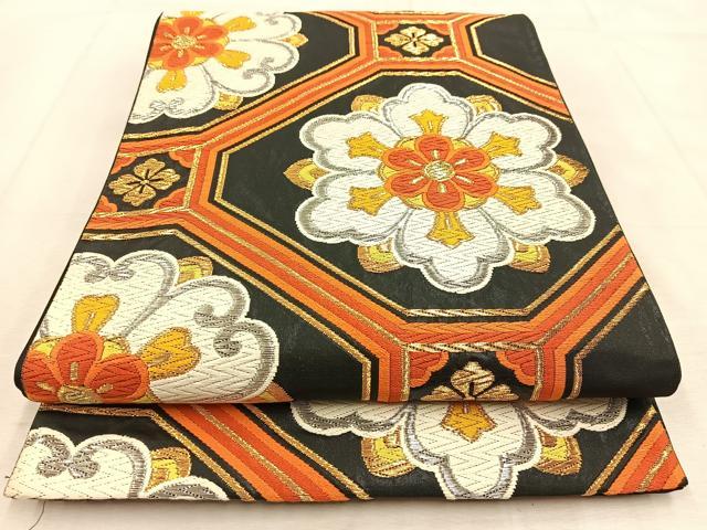 平和屋着物◎六通柄袋帯　唐織　蜀江花文　黒地　金銀糸　正絹　逸品　BAAU9240yc