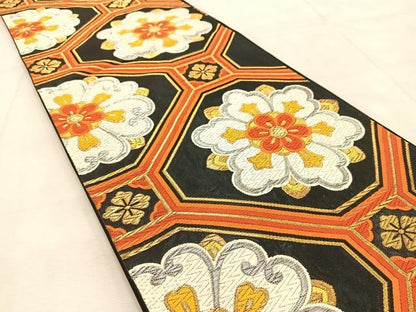 平和屋着物◎六通柄袋帯　唐織　蜀江花文　黒地　金銀糸　正絹　逸品　BAAU9240yc